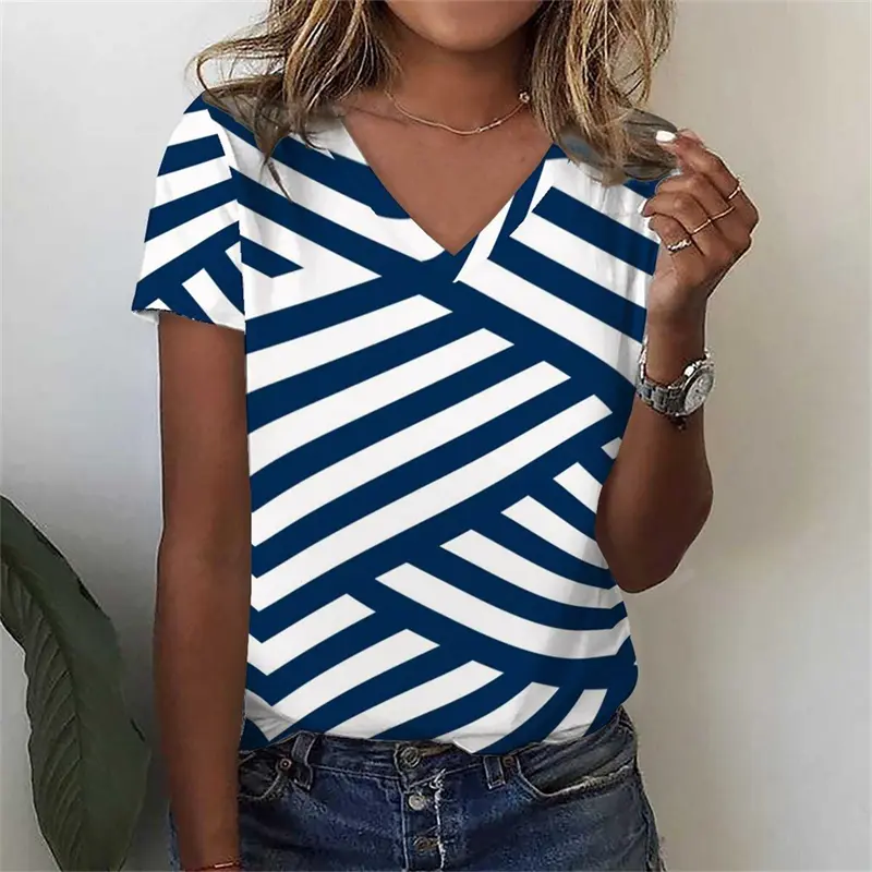 Summer Fashion Women Art Stripe T-shirt Short Sleeve V-neck New Design Loose Tee Shirts Sport Daily Breathable Colors Y2k Tee