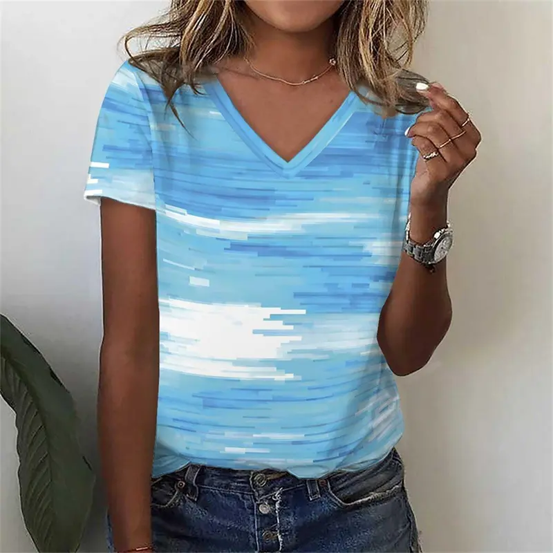 Summer Fashion Women Art Stripe T-shirt Short Sleeve V-neck New Design Loose Tee Shirts Sport Daily Breathable Colors Y2k Tee