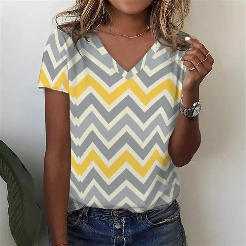 Summer Fashion Women Art Stripe T-shirt Short Sleeve V-neck New Design Loose Tee Shirts Sport Daily Breathable Colors Y2k Tee
