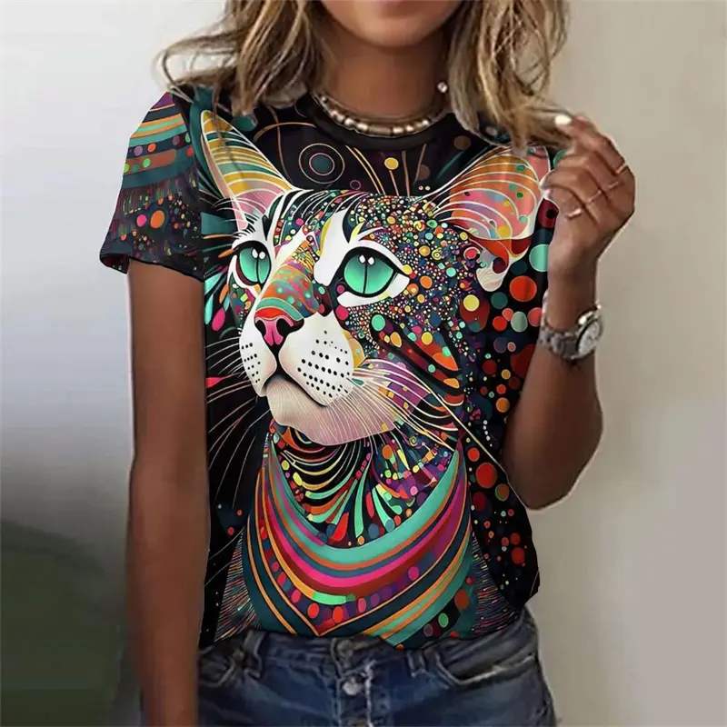 Cute Cat 3D Print T-shirt Women Clothing Cartoon Graffiti Design Streetwear Short Sleeve T Shirts Summer Leisure Fashion Y2k