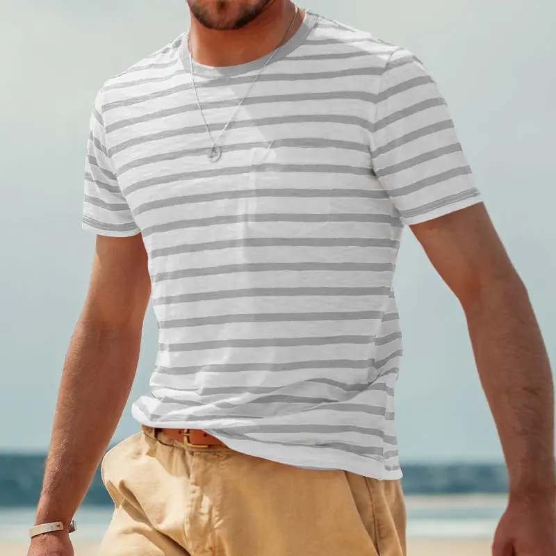 Outdoor Leisure Summer Men Stripe T-shirt Classic Basic Style Short Sleeve Round Neck Loose T Shirts Summer Sport OOTD Tees