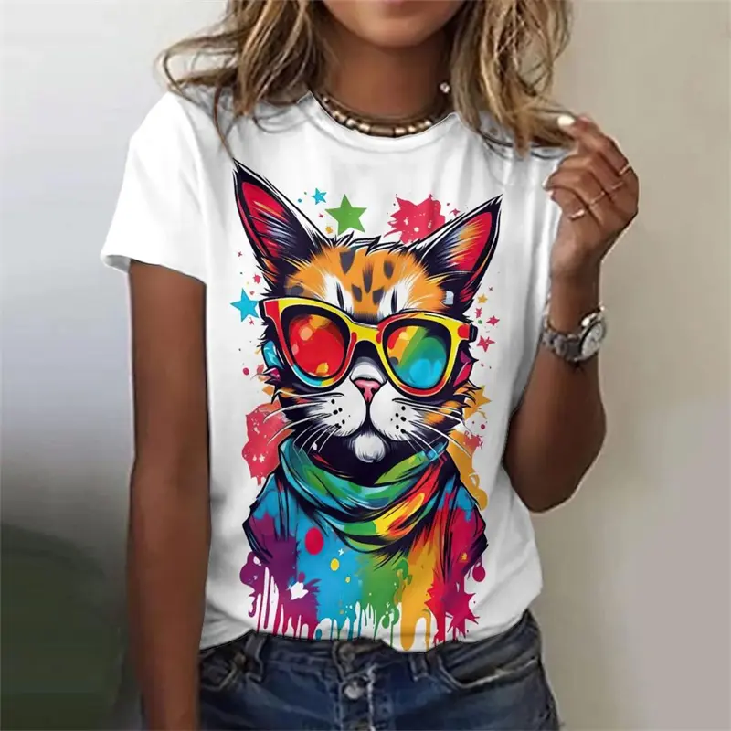 Cute Cat 3D Print T-shirt Women Clothing Cartoon Graffiti Design Streetwear Short Sleeve T Shirts Summer Leisure Fashion Y2k