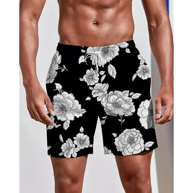 Black White Flower 3d Printed Shorts For Men Multiple Pattern Styles Casual Oversized Beach Shorts Sports Daily Shorts Pants