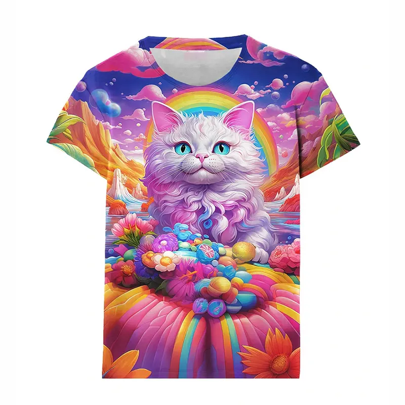 Sweet Fantasy Color Animal T-shirt For Kids Daily Casual Fashion Short Sleeve Pullover Outdoor Sports Cute Cat Print Tee Top New