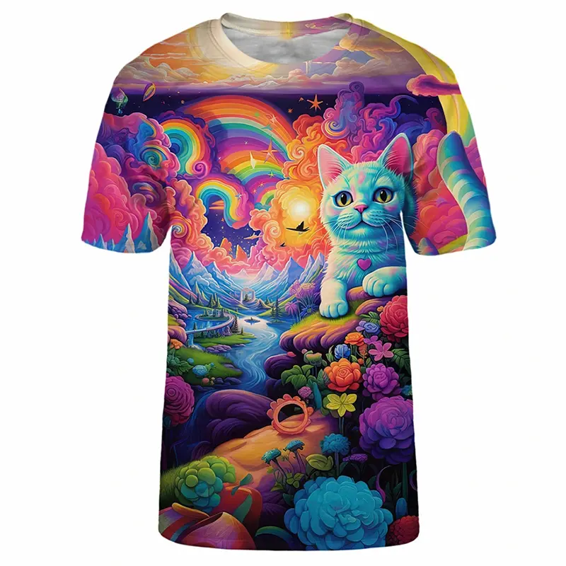 Sweet Fantasy Color Animal T-shirt For Kids Daily Casual Fashion Short Sleeve Pullover Outdoor Sports Cute Cat Print Tee Top New