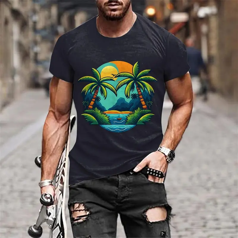 Beach With Waves Leisure Men T-shirt Simple Street Hawaii 3d Print Style Loose O-neck Tee Shirts Summer Outdoor Sport Tops 2025