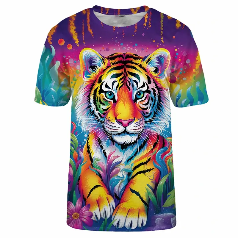 Sweet Fantasy Color Animal T-shirt For Kids Daily Casual Fashion Short Sleeve Pullover Outdoor Sports Cute Cat Print Tee Top New