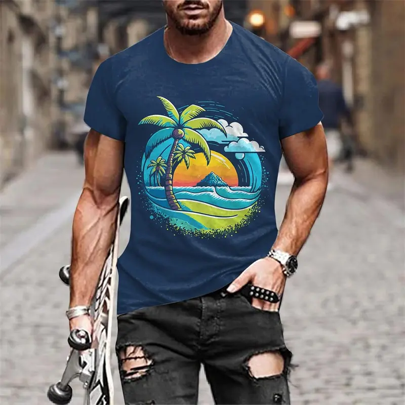 Beach With Waves Leisure Men T-shirt Simple Street Hawaii 3d Print Style Loose O-neck Tee Shirts Summer Outdoor Sport Tops 2025