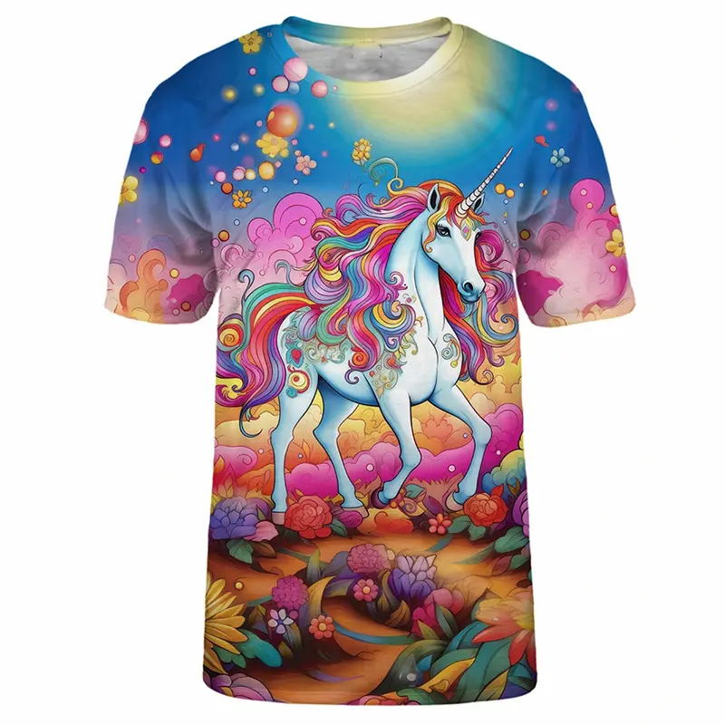 Sweet Fantasy Color Animal T-shirt For Kids Daily Casual Fashion Short Sleeve Pullover Outdoor Sports Cute Cat Print Tee Top New