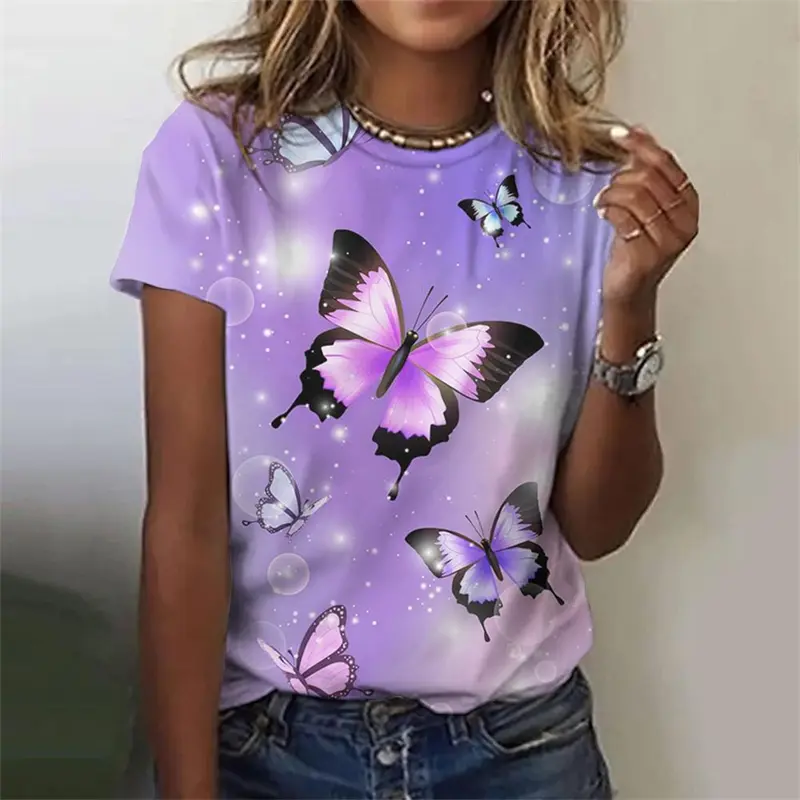 Colorful Butterfly 3D Print T-shirt For Women Outdoor Casual Fashion Short Sleeve Loose T Shirts Girl Harajuku Street Y2k 2025