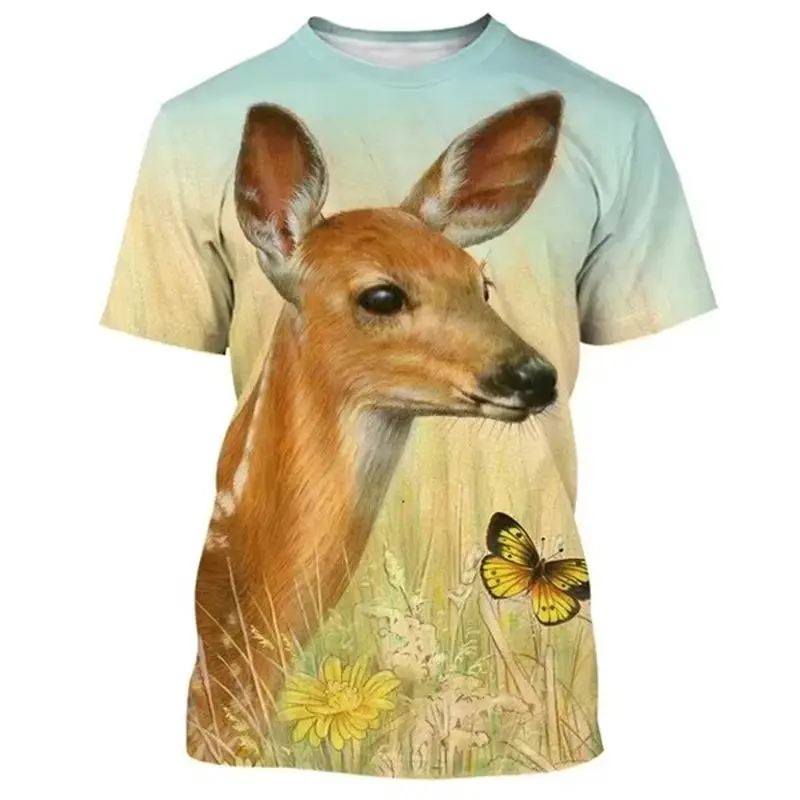 Deer 3D Printing T-shirt Funny Animal Hunting Graphic Short Sleeve Round Neck Tee Shirt Men's Outdoor Trend Personality Tees