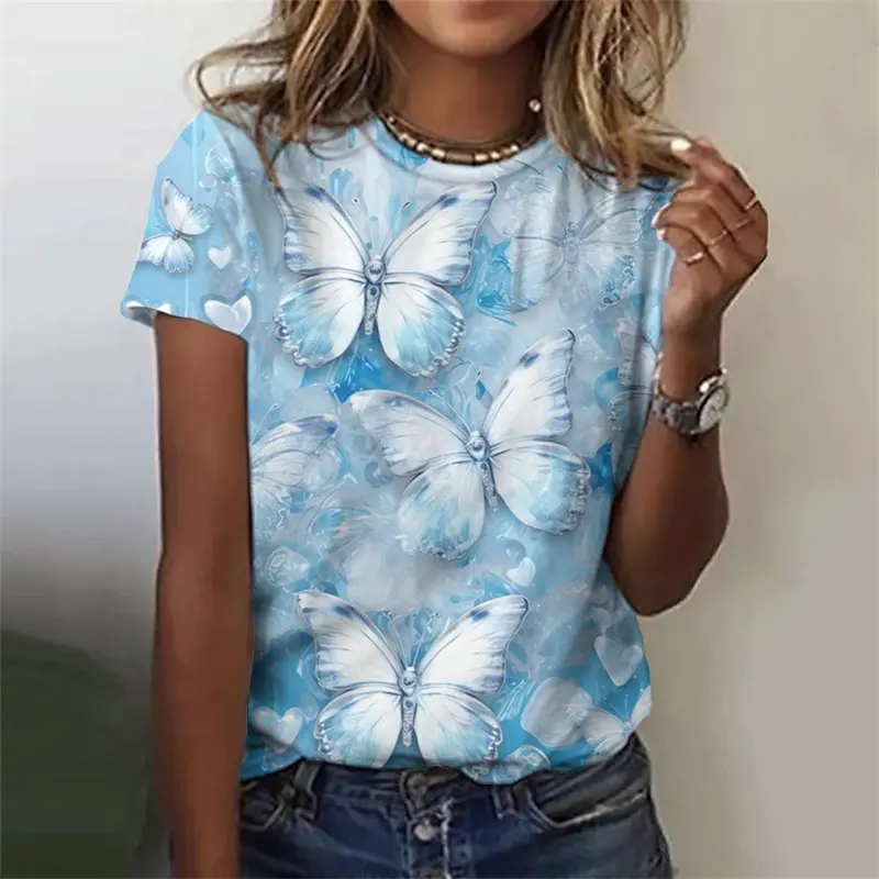 Colorful Butterfly 3D Print T-shirt For Women Outdoor Casual Fashion Short Sleeve Loose T Shirts Girl Harajuku Street Y2k 2025
