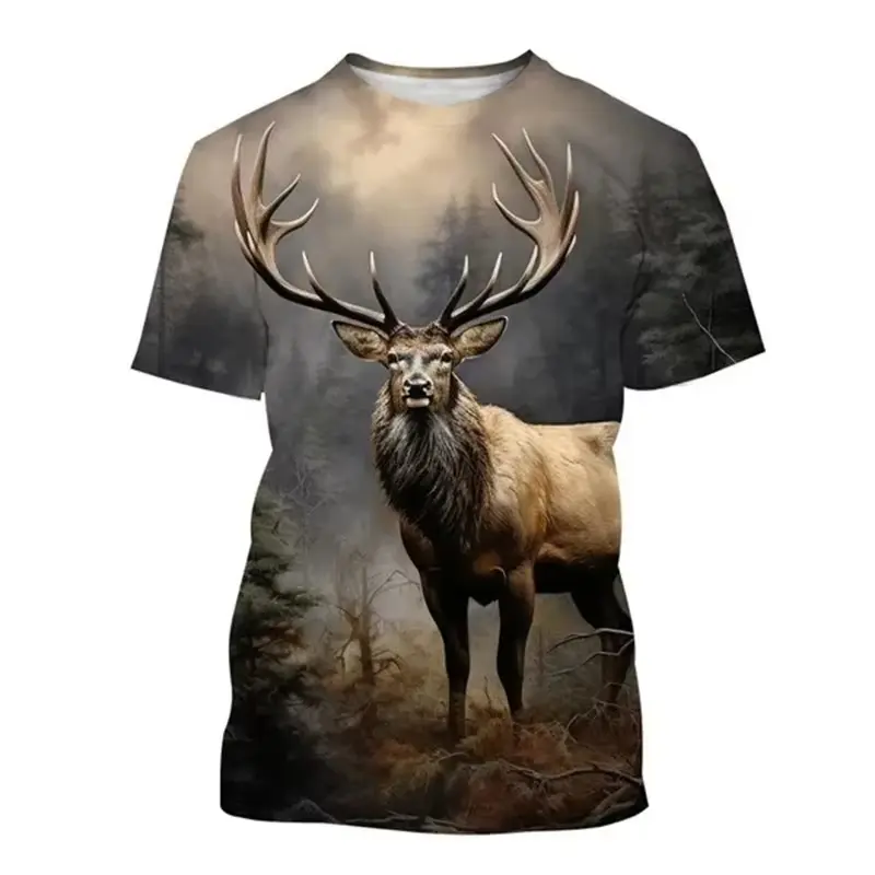 Deer 3D Printing T-shirt Funny Animal Hunting Graphic Short Sleeve Round Neck Tee Shirt Men's Outdoor Trend Personality Tees