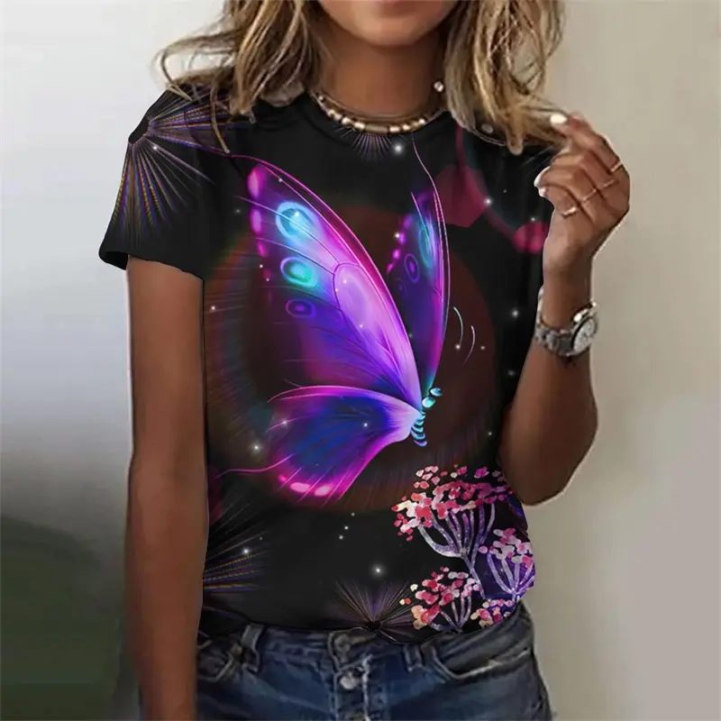 Colorful Butterfly 3D Print T-shirt For Women Outdoor Casual Fashion Short Sleeve Loose T Shirts Girl Harajuku Street Y2k 2025
