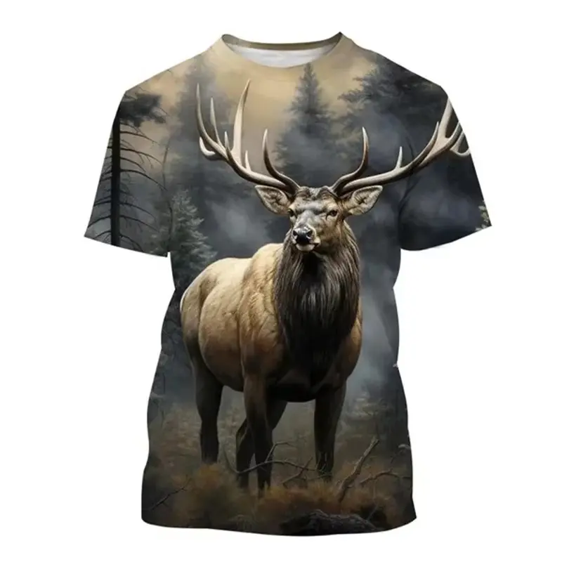 Deer 3D Printing T-shirt Funny Animal Hunting Graphic Short Sleeve Round Neck Tee Shirt Men's Outdoor Trend Personality Tees