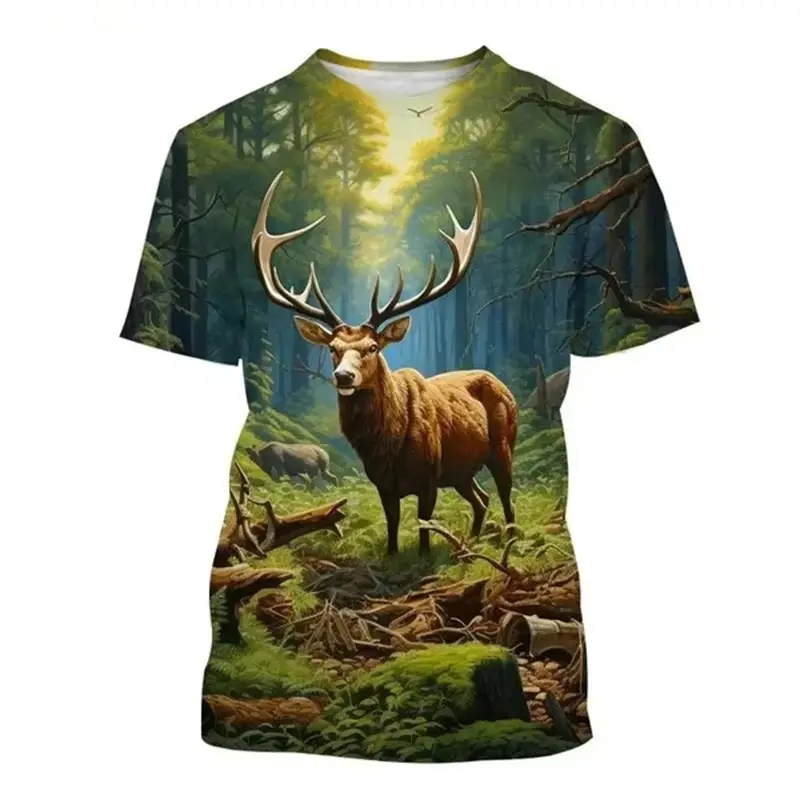 Deer 3D Printing T-shirt Funny Animal Hunting Graphic Short Sleeve Round Neck Tee Shirt Men's Outdoor Trend Personality Tees