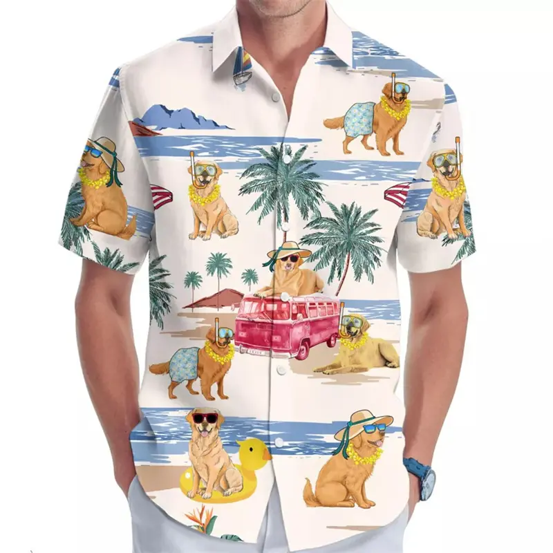 Hawaiian Sea Beach Shirt Men's Clothes 3d Printed Cute Corgi Pattern Shirts Animal Monkey Flower Casual Fashion Lapel Blouse