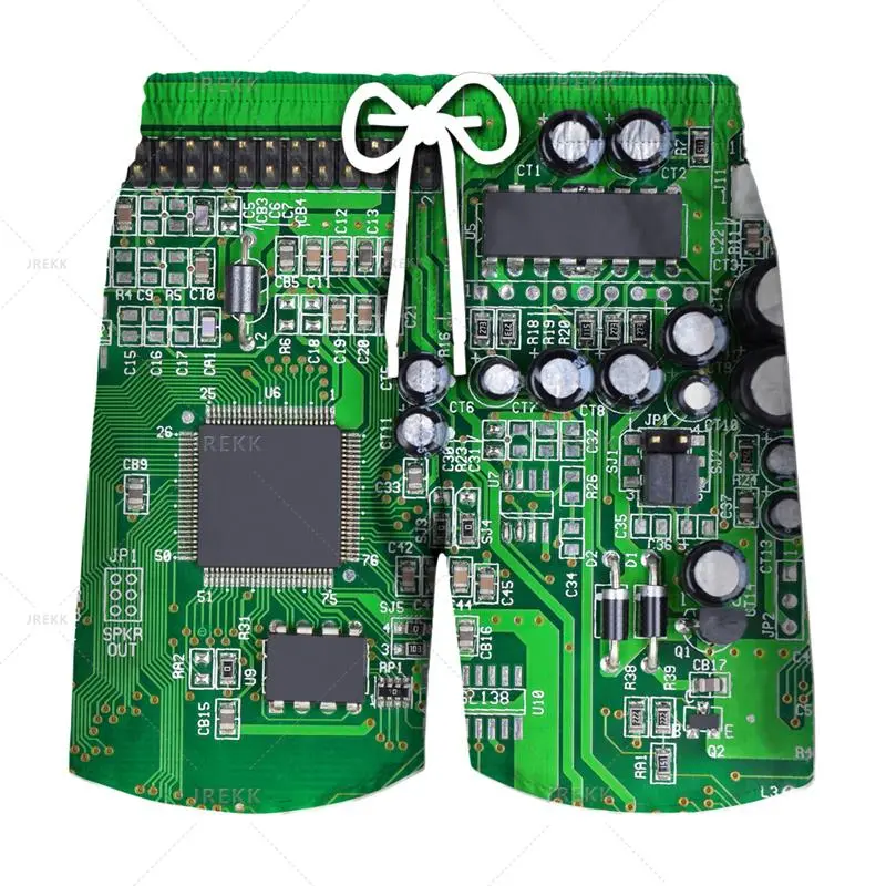 Cool Neon Circuit Board Print Beach Short For Men Personality Design Loose Breathable Board Shorts Summer Casual Hip Hop Trunks