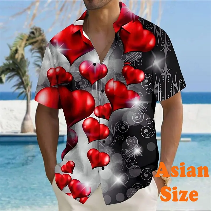 Valentine's Day Men's Shirts Street Romance Heart Print Short Sleeve Shirts Couple Clothes 2025 Summer Casual Unisex Blouse