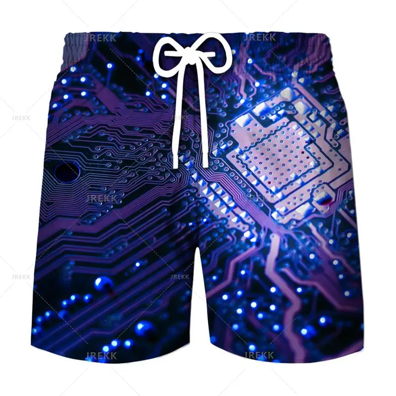 Cool Neon Circuit Board Print Beach Short For Men Personality Design Loose Breathable Board Shorts Summer Casual Hip Hop Trunks