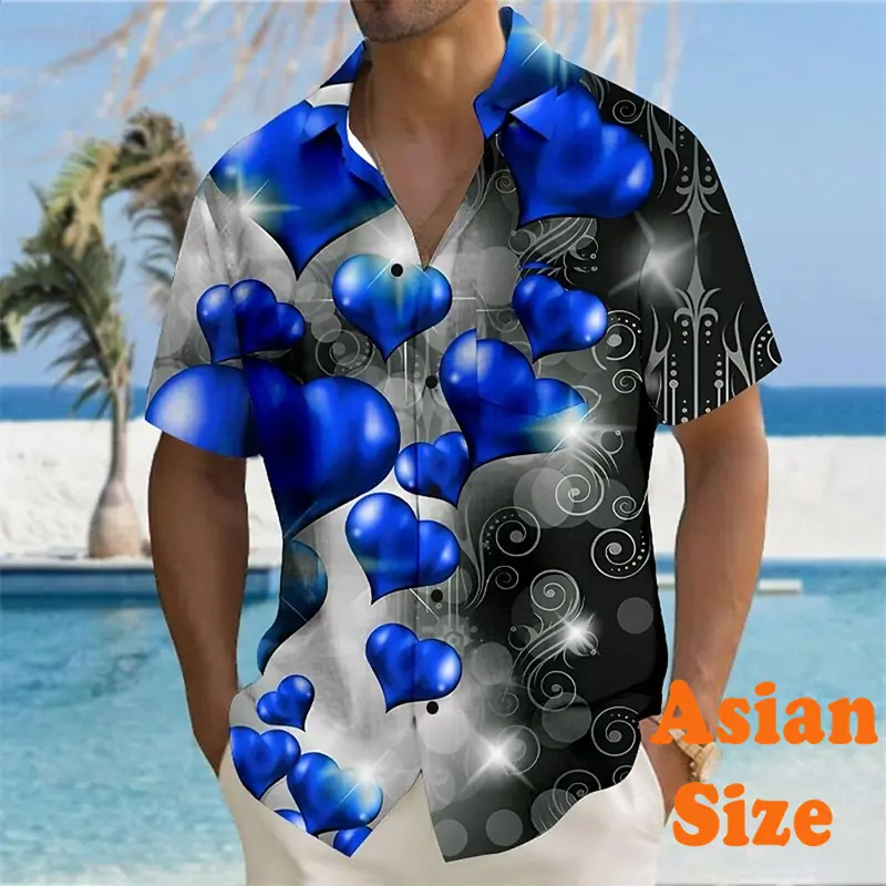 Valentine's Day Men's Shirts Street Romance Heart Print Short Sleeve Shirts Couple Clothes 2025 Summer Casual Unisex Blouse