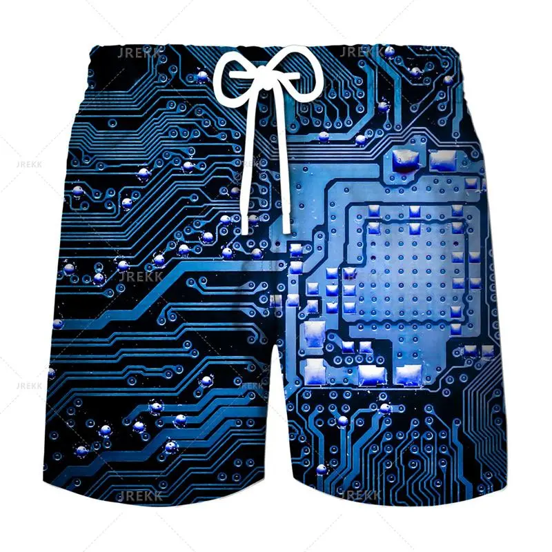 Cool Neon Circuit Board Print Beach Short For Men Personality Design Loose Breathable Board Shorts Summer Casual Hip Hop Trunks