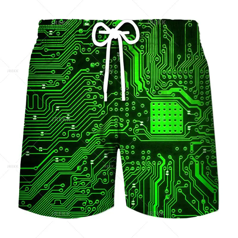 Cool Neon Circuit Board Print Beach Short For Men Personality Design Loose Breathable Board Shorts Summer Casual Hip Hop Trunks