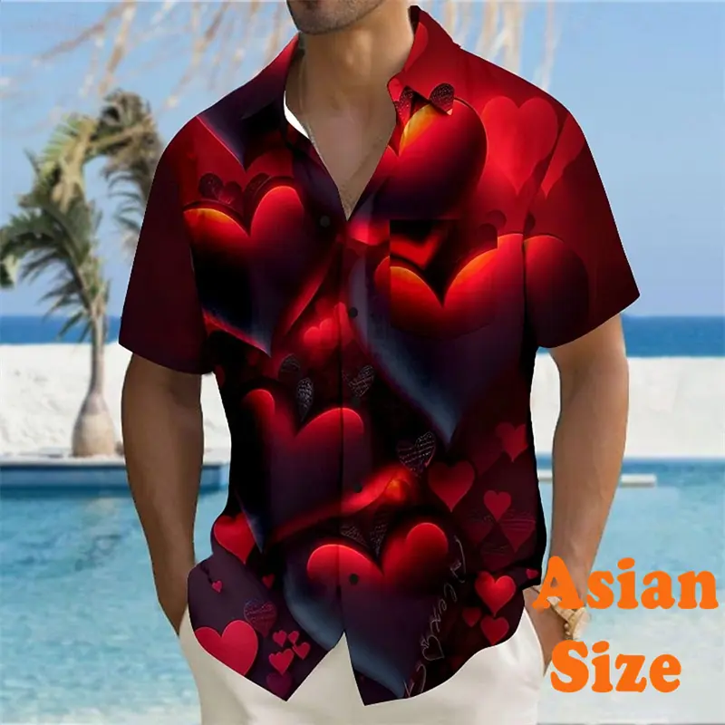 Valentine's Day Men's Shirts Street Romance Heart Print Short Sleeve Shirts Couple Clothes 2025 Summer Casual Unisex Blouse