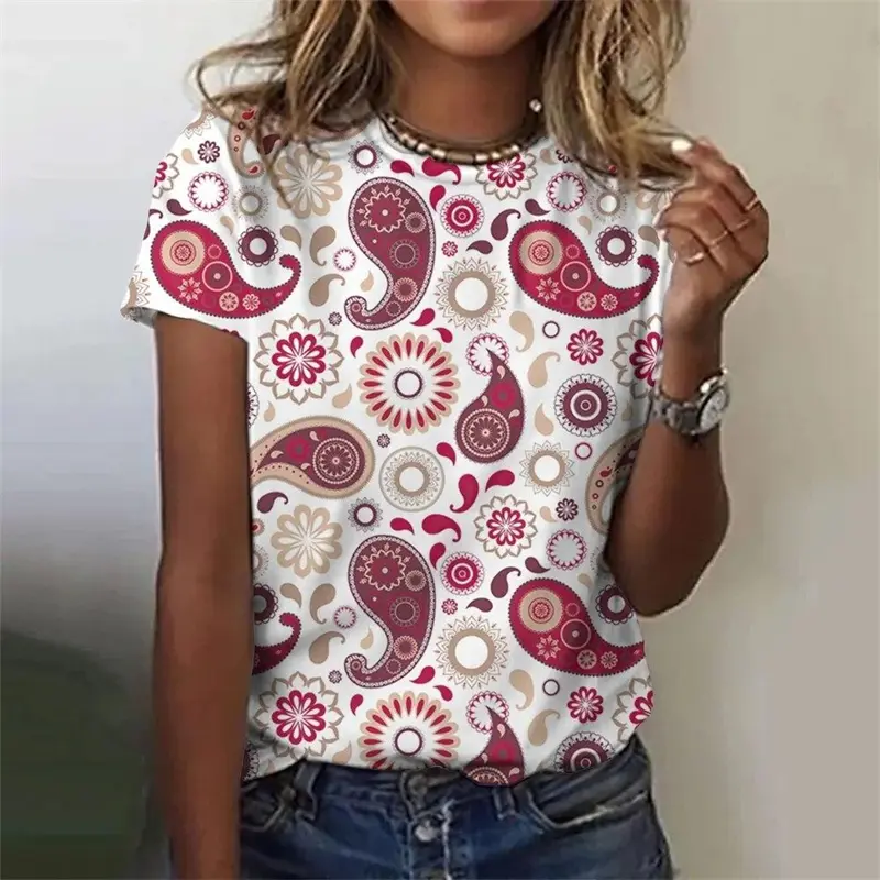 2025 Popular Paisley pattern Women T-shirt Fashion Street Vintage Short Sleeve O-neck Tee Shirts Red Blue Graphic Fashion Trend