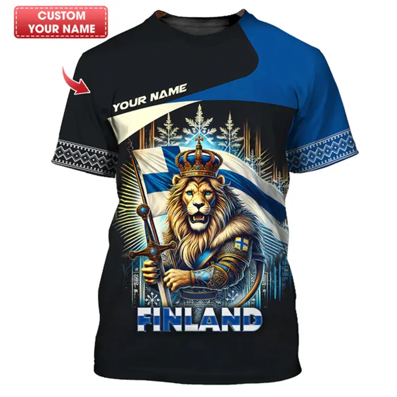 Custom Name T-shirt Finland Flag Badge Pattern Crew Neck T Shirts Sport Casual Daily Fashion Trend Men's Clothing 2025 New Tee