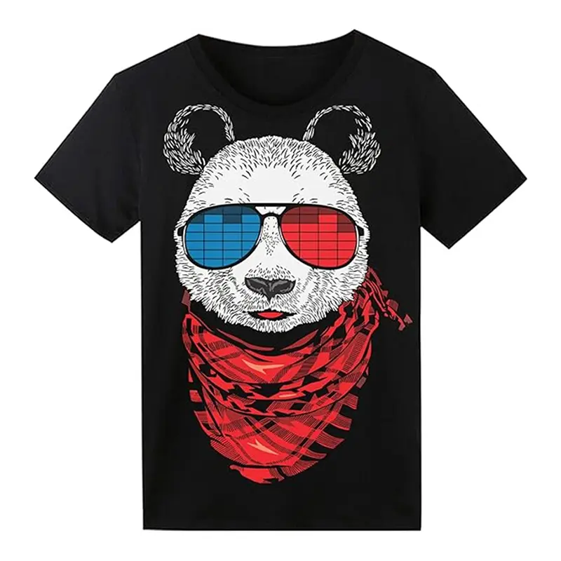 Hip Hop Lion Panda Print Black T-shirt For Men Simple Casual Funny Animal Pattern Oo-neck T Shirts Oversized Breathable Tees