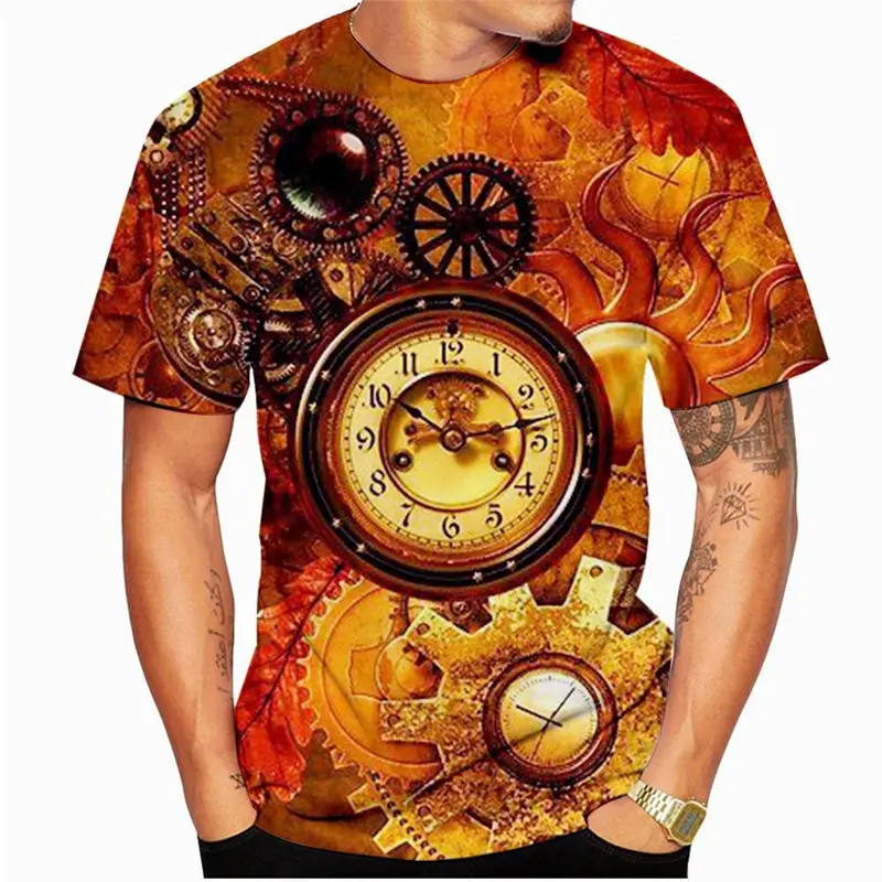 Retro Unique Clocks Design T Shirt Men's Clothing Short Sleeve O-neck T Shirts 3D Printed Cool Personality Fashion Trend Tee Top