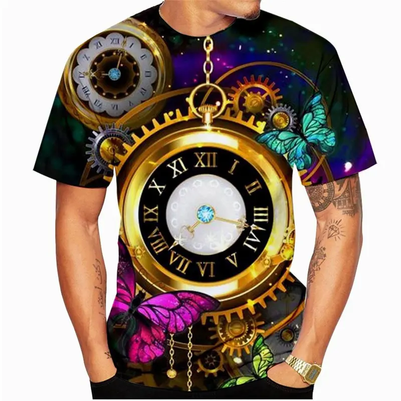 Retro Unique Clocks Design T Shirt Men's Clothing Short Sleeve O-neck T Shirts 3D Printed Cool Personality Fashion Trend Tee Top