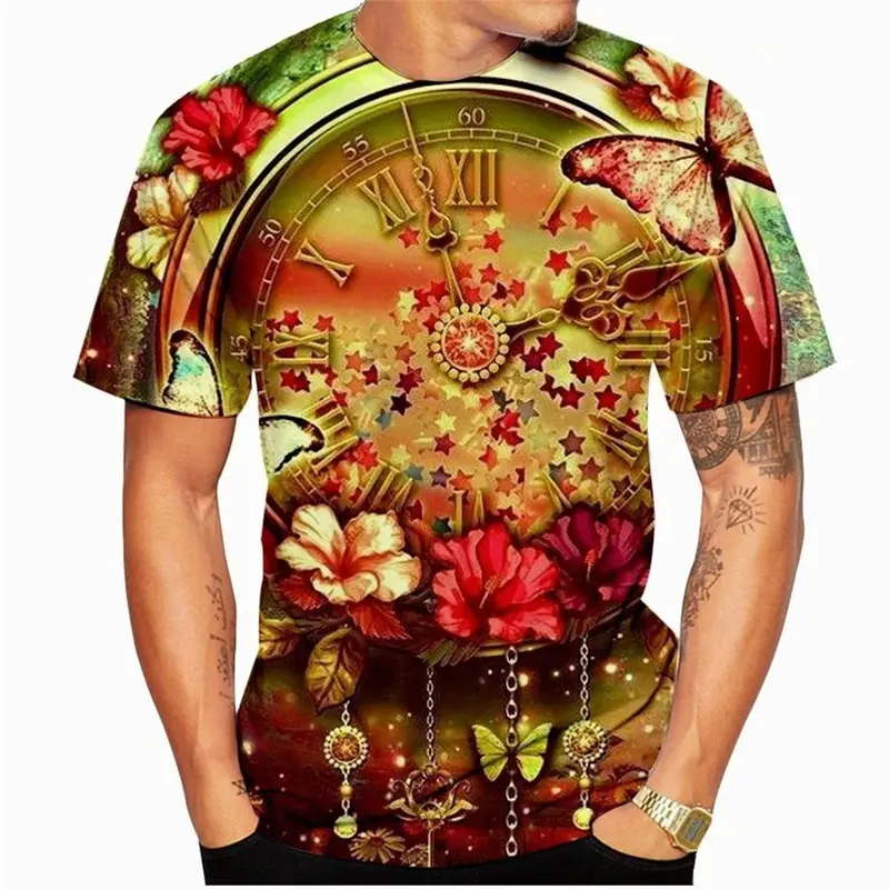 Retro Unique Clocks Design T Shirt Men's Clothing Short Sleeve O-neck T Shirts 3D Printed Cool Personality Fashion Trend Tee Top