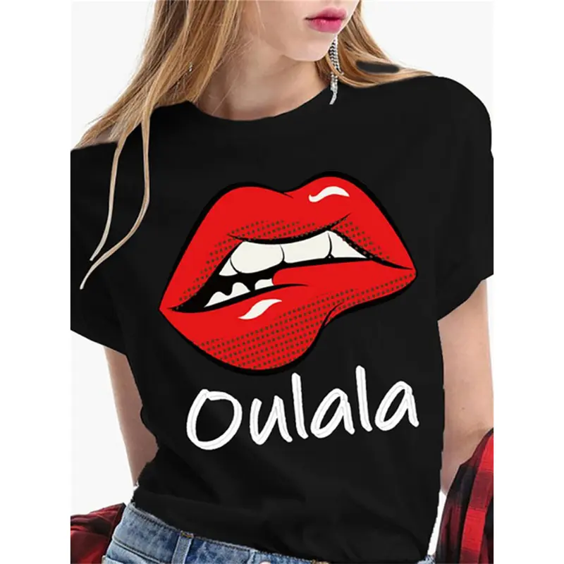 Sexy Red Lips Print Black T-shirt Unisex Hip Hop Personality Streetwear Leisure Short Sleeve Tee Summer Daily OOTD Novel T Shirt
