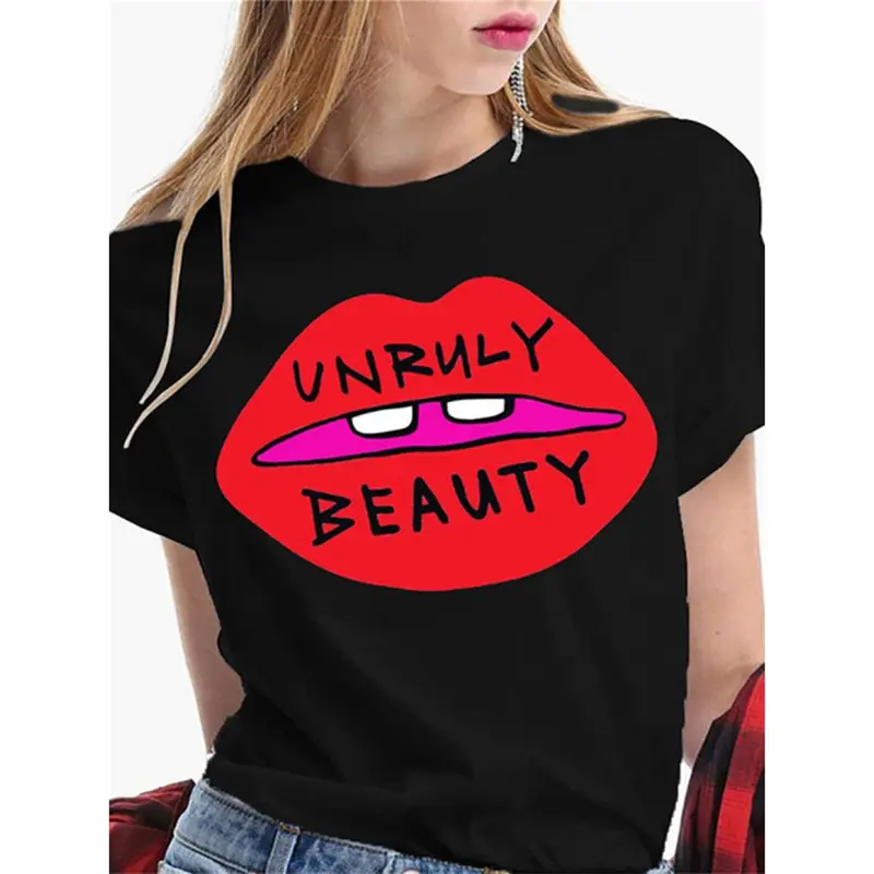 Sexy Red Lips Print Black T-shirt Unisex Hip Hop Personality Streetwear Leisure Short Sleeve Tee Summer Daily OOTD Novel T Shirt