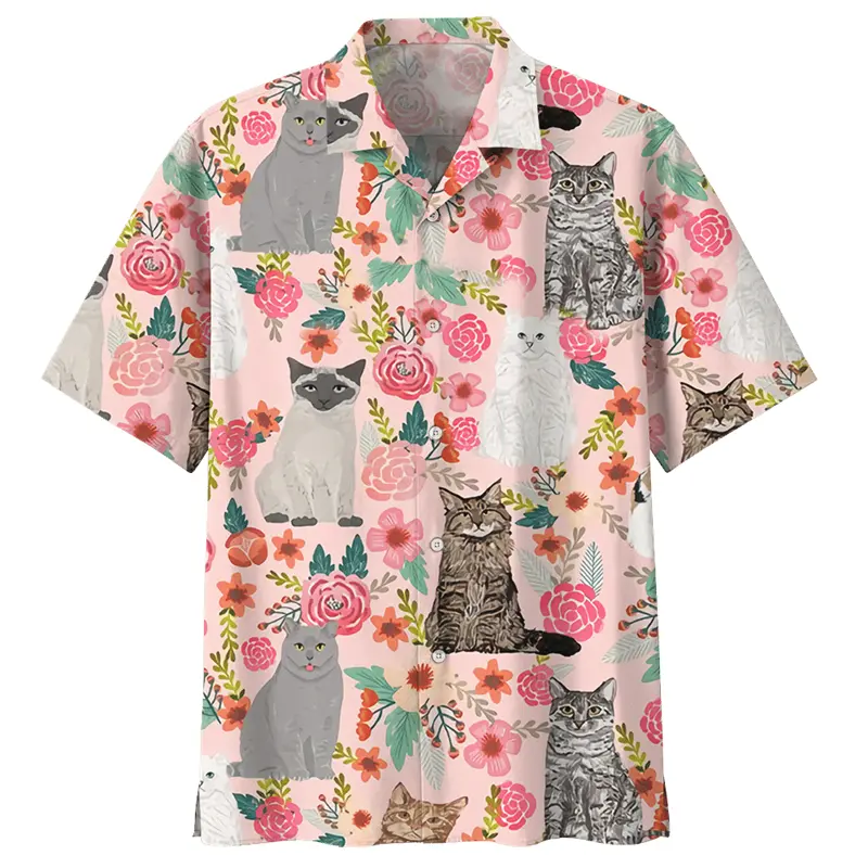 Hawaiian Casual Vacation Shirt Men Clothes 3d Printed Flower Cute Cat Shirts Funny Animal Pattern Streetwear Lapel Button Blouse