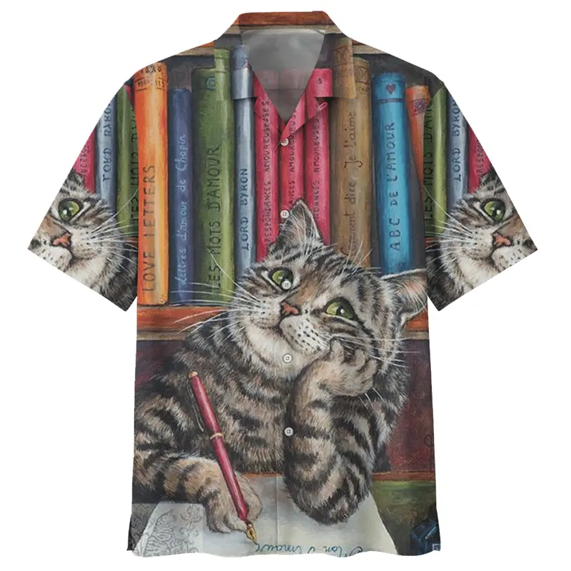 Hawaiian Casual Vacation Shirt Men Clothes 3d Printed Flower Cute Cat Shirts Funny Animal Pattern Streetwear Lapel Button Blouse