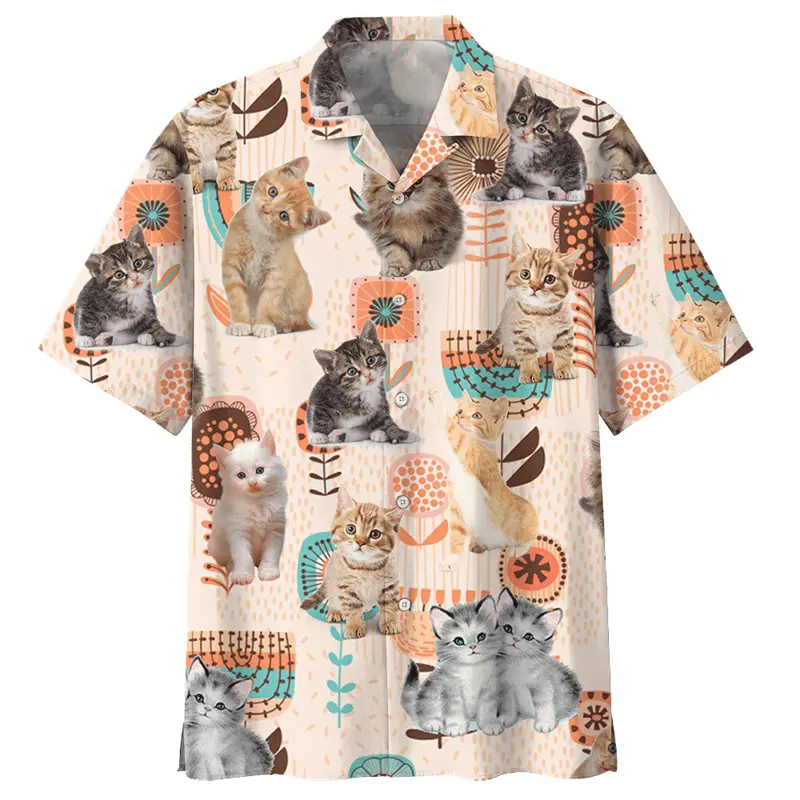 Hawaiian Casual Vacation Shirt Men Clothes 3d Printed Flower Cute Cat Shirts Funny Animal Pattern Streetwear Lapel Button Blouse
