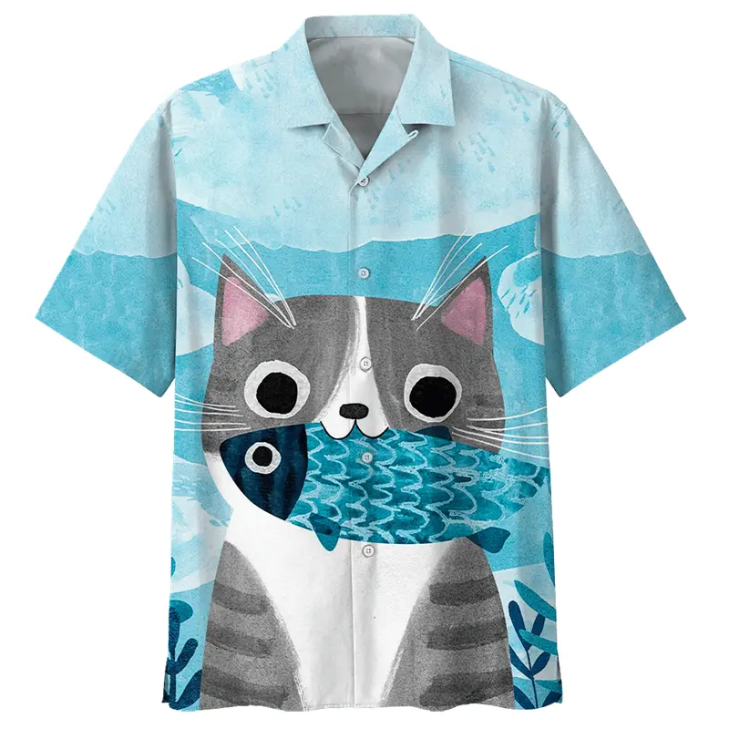 Hawaiian Casual Vacation Shirt Men Clothes 3d Printed Flower Cute Cat Shirts Funny Animal Pattern Streetwear Lapel Button Blouse