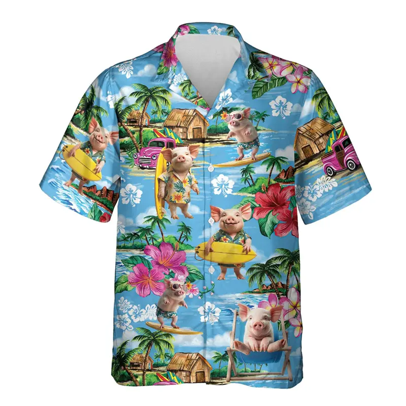 Hawaiian Funny Piggy Shirt For Men's Clothes 3d Printed Animal Plant Shirts Tops Casual Fashion Summer Personality Button Blouse