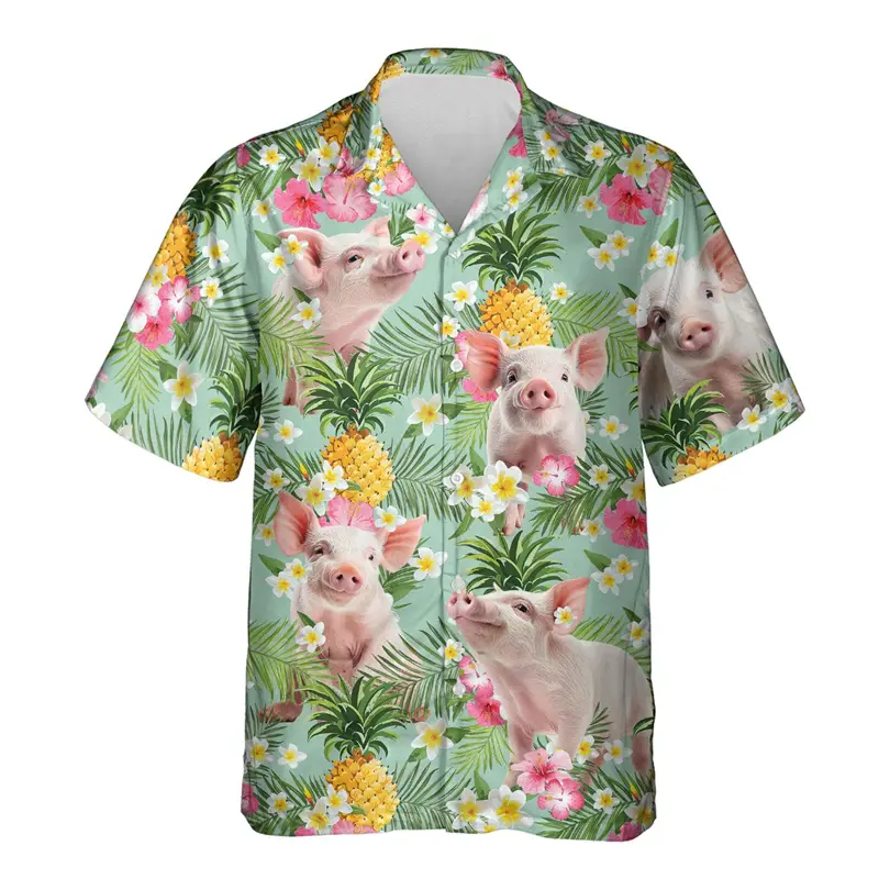 Hawaiian Funny Piggy Shirt For Men's Clothes 3d Printed Animal Plant Shirts Tops Casual Fashion Summer Personality Button Blouse