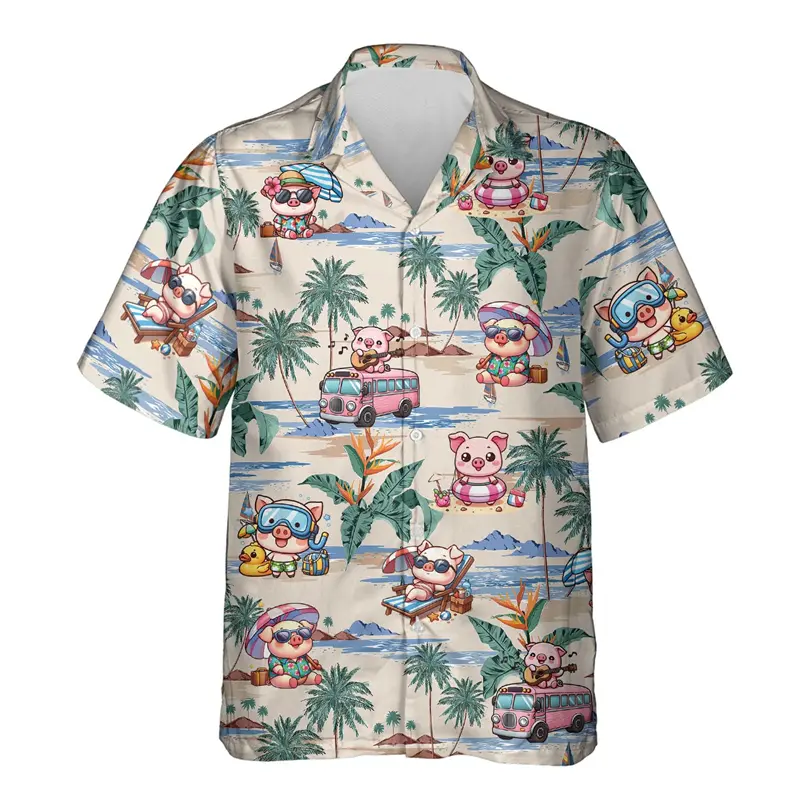 Hawaiian Funny Piggy Shirt For Men's Clothes 3d Printed Animal Plant Shirts Tops Casual Fashion Summer Personality Button Blouse