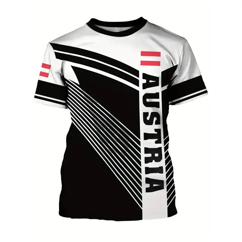 Austria National Flag Themed T-shirt Men's Clothing 3d Printed Stripe Word T Shirts Casual Fashion Street Short Sleeves Tees