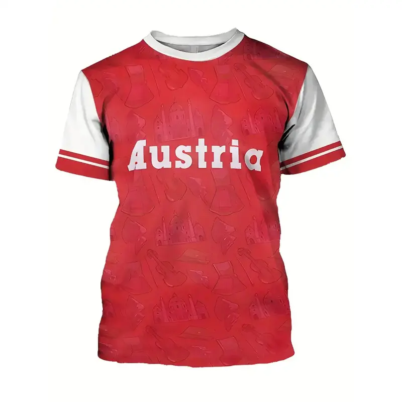 Austria National Flag Themed T-shirt Men's Clothing 3d Printed Stripe Word T Shirts Casual Fashion Street Short Sleeves Tees