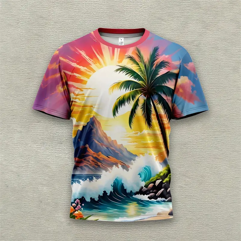 Summer Casual Cartoon Graphic T-shirt Unisex Hawaii Fun 3D Print Loose Breathable Short Sleeve T Shirts Palm Tree Funny Tees