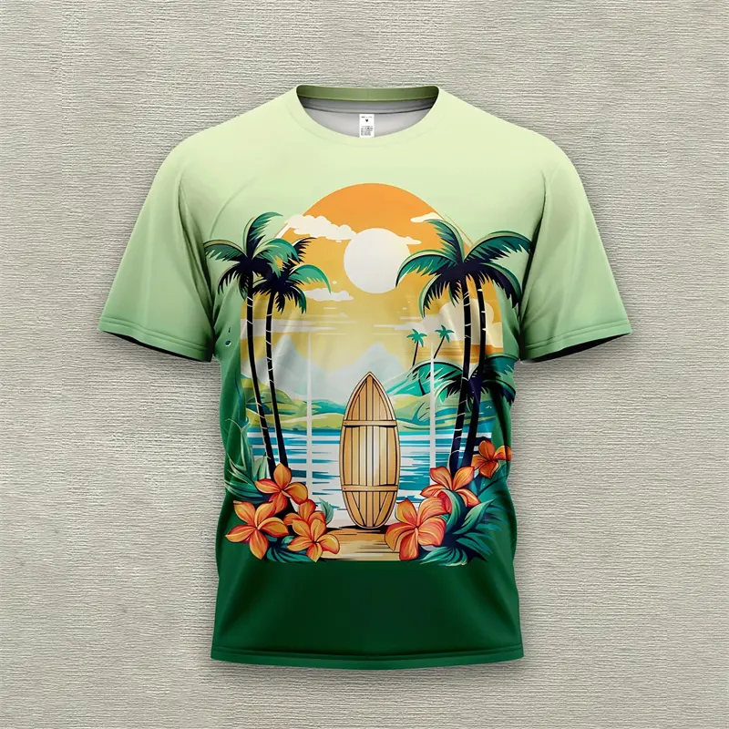 Summer Casual Cartoon Graphic T-shirt Unisex Hawaii Fun 3D Print Loose Breathable Short Sleeve T Shirts Palm Tree Funny Tees