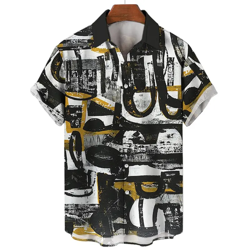 Harajuku Streetwear Casual Men's Shirt Clothes Striped Art 3d Printed Lapel Short Sleeves Shirts Hawaiian Fashion Trend Blouse