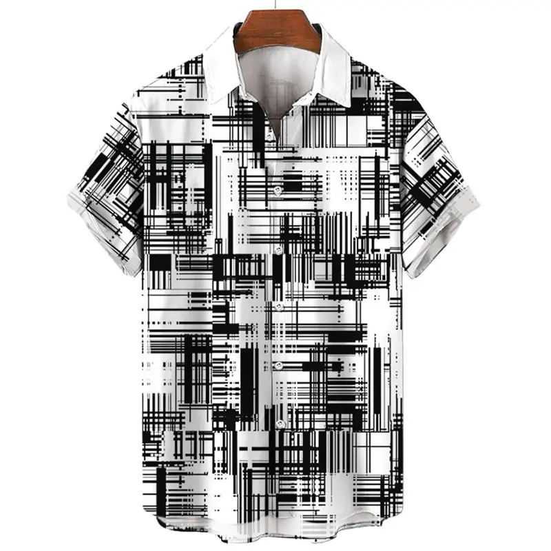 Harajuku Streetwear Casual Men's Shirt Clothes Striped Art 3d Printed Lapel Short Sleeves Shirts Hawaiian Fashion Trend Blouse
