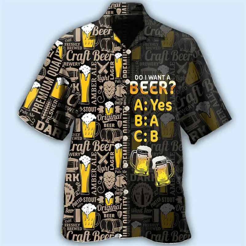 Beer Lover Unique Printed Shirts Men's Clothing Funny Trendy Short Sleeve Shirt 2025 Fashion Novel Street Casual Blouse New